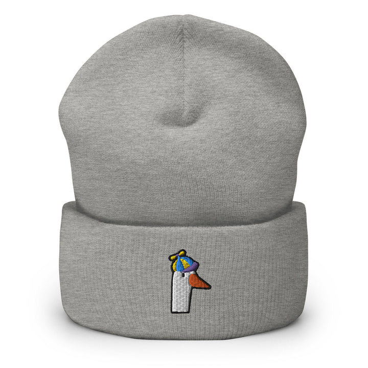a grey beanie with a colorful bird on it