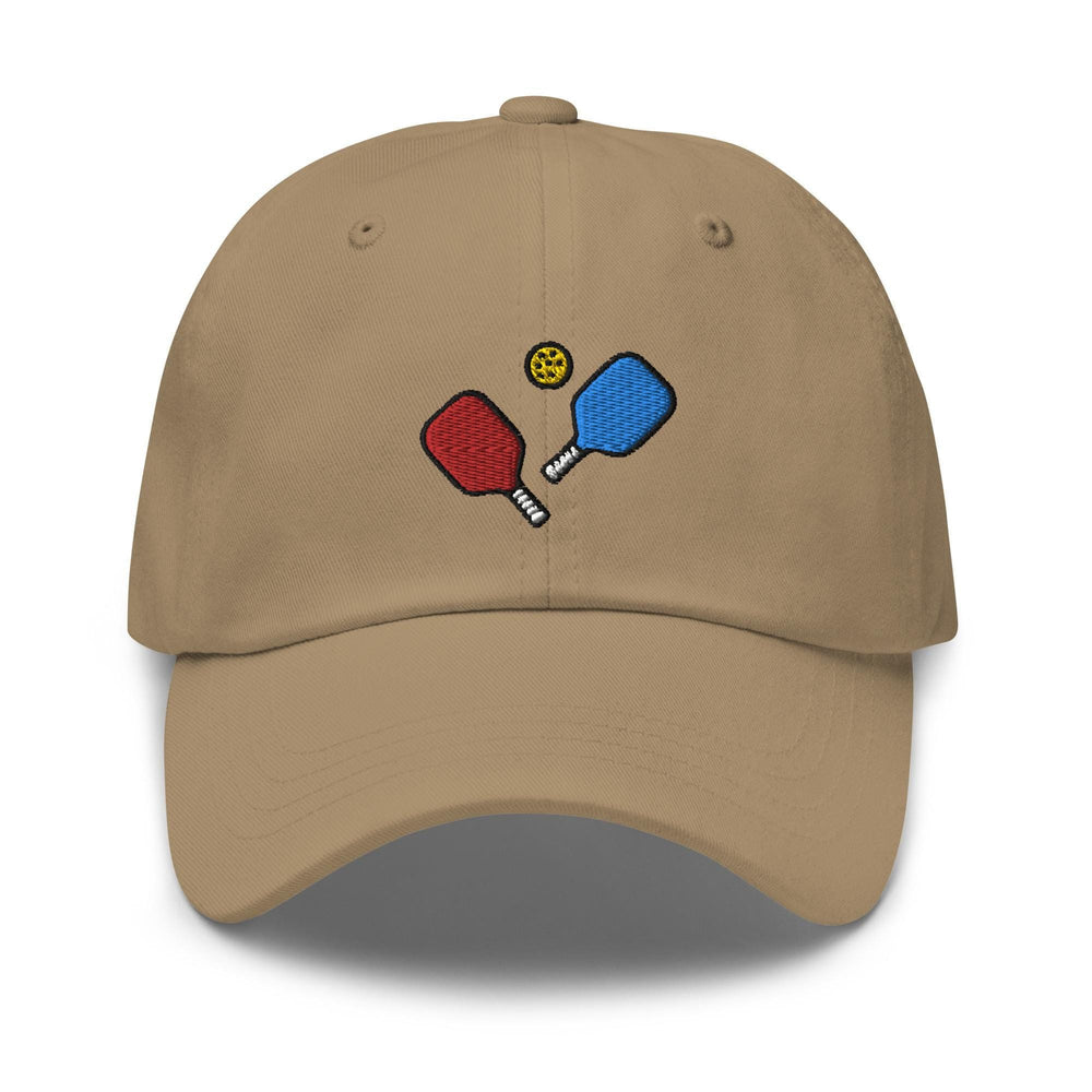 a tan hat with two ping pong paddles embroidered on it