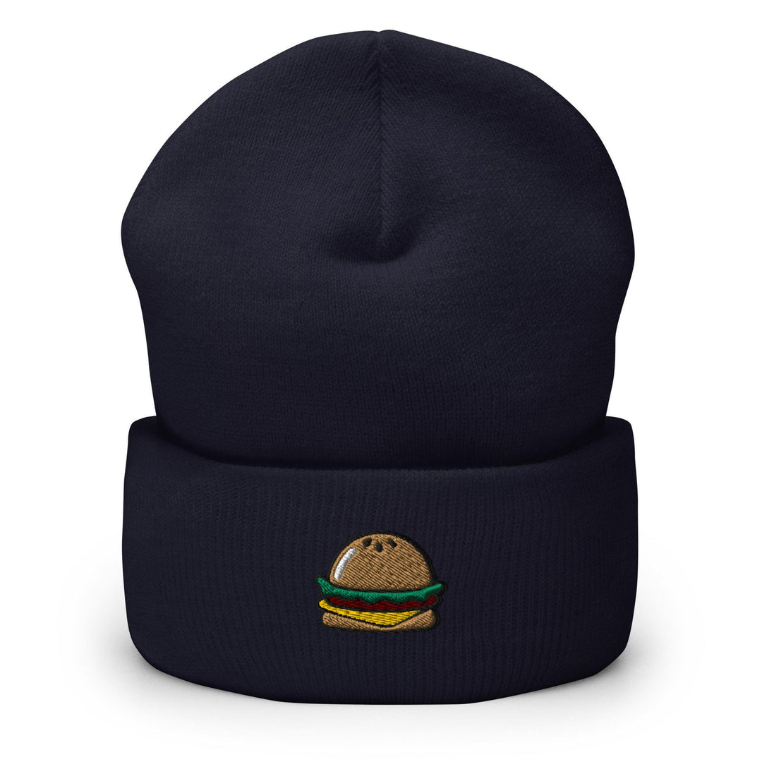 a beanie hat with a hamburger embroidered on it