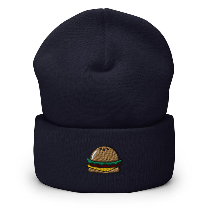 a beanie hat with a hamburger embroidered on it