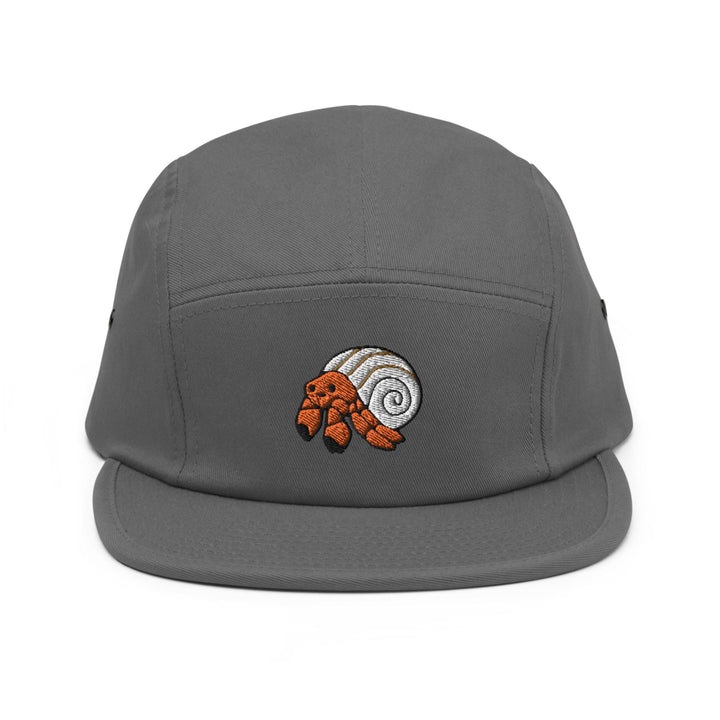 a gray hat with a snail embroidered on it