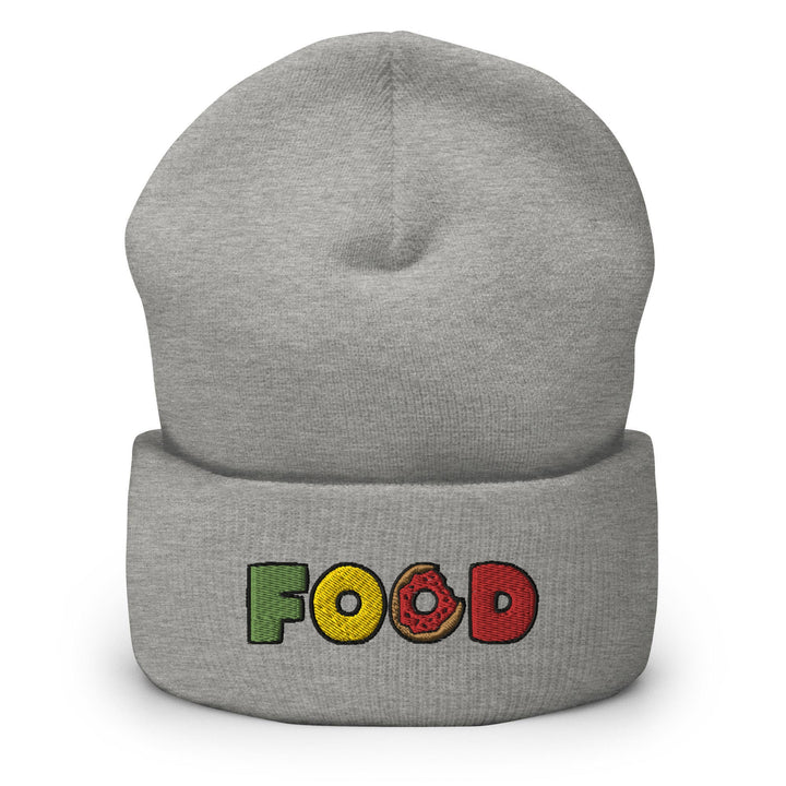 a beanie hat with the word food printed on it