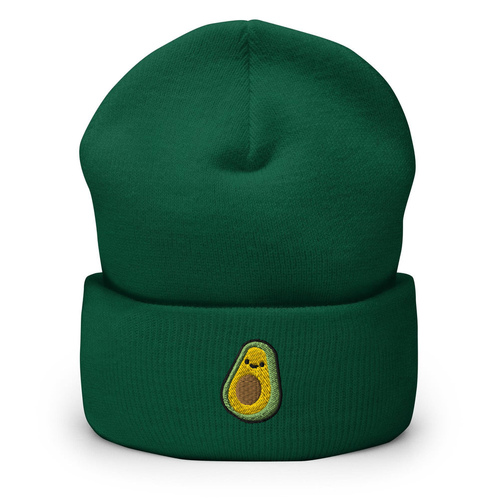 a green beanie with an avocado embroidered on it