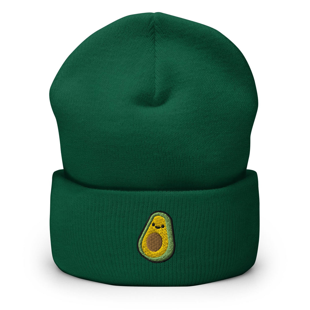 a green beanie with an avocado embroidered on it