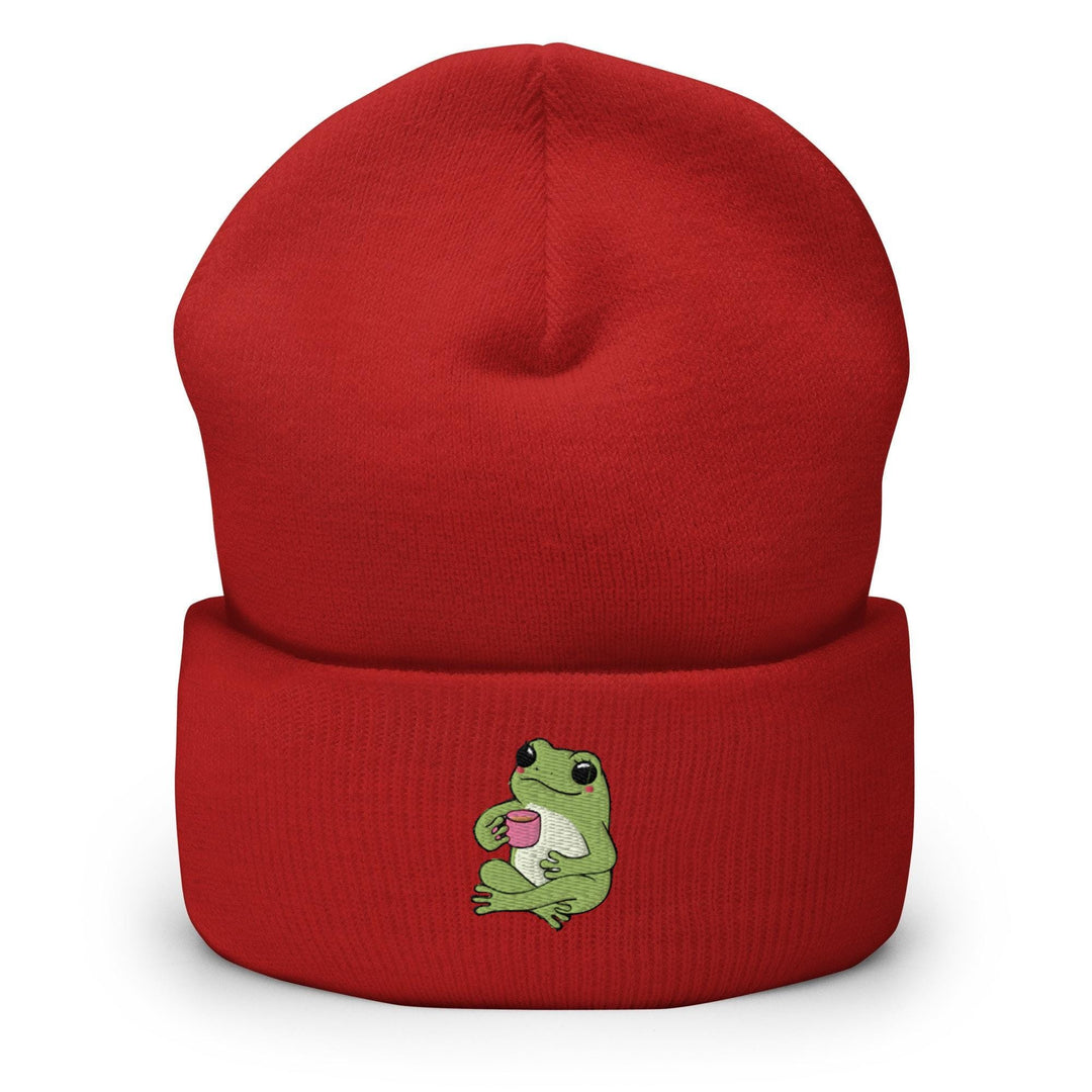 a red beanie with a green frog on it