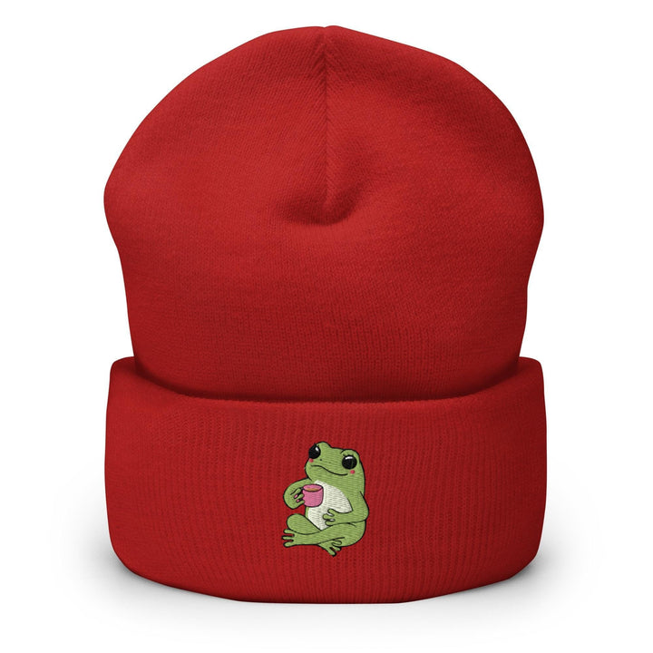a red beanie with a green frog on it