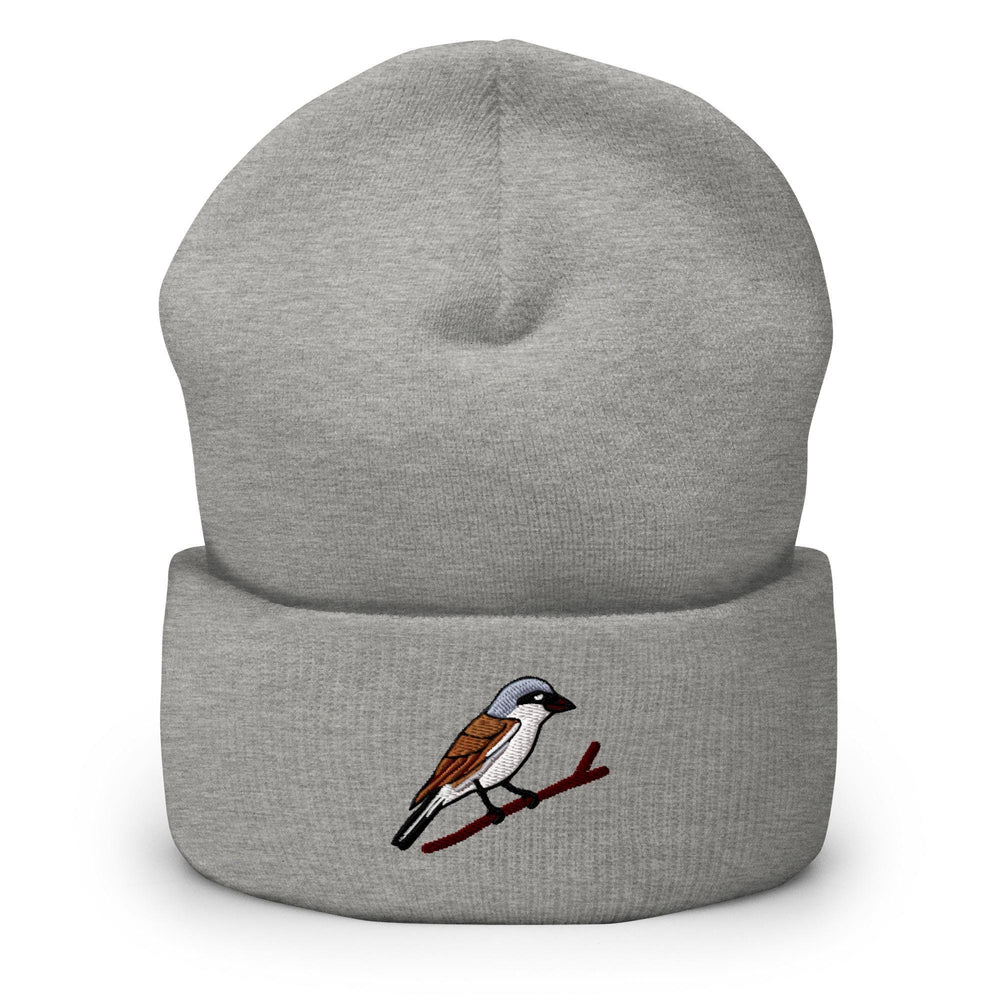 a grey beanie with a bird on it