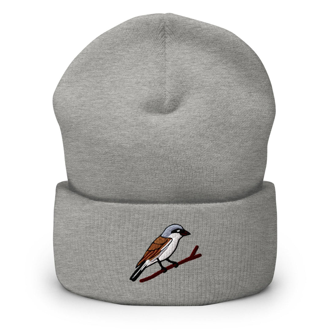 a grey beanie with a bird on it