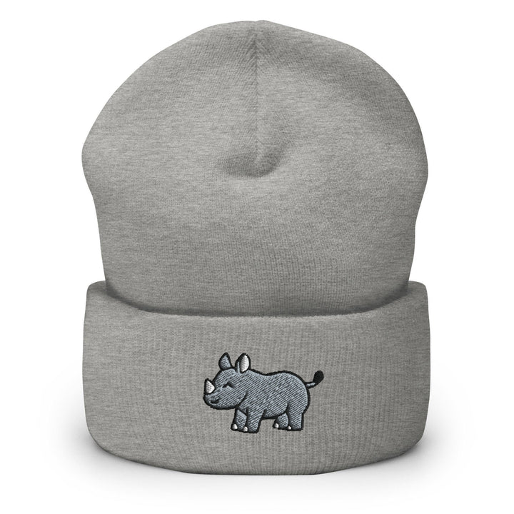 a grey beanie with a rhino on it