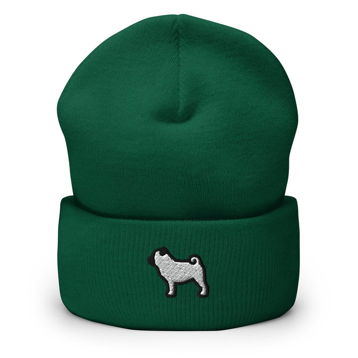 a green beanie with a white dog on it