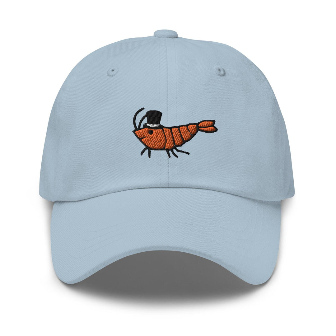 a light blue hat with a picture of a shrimp on it