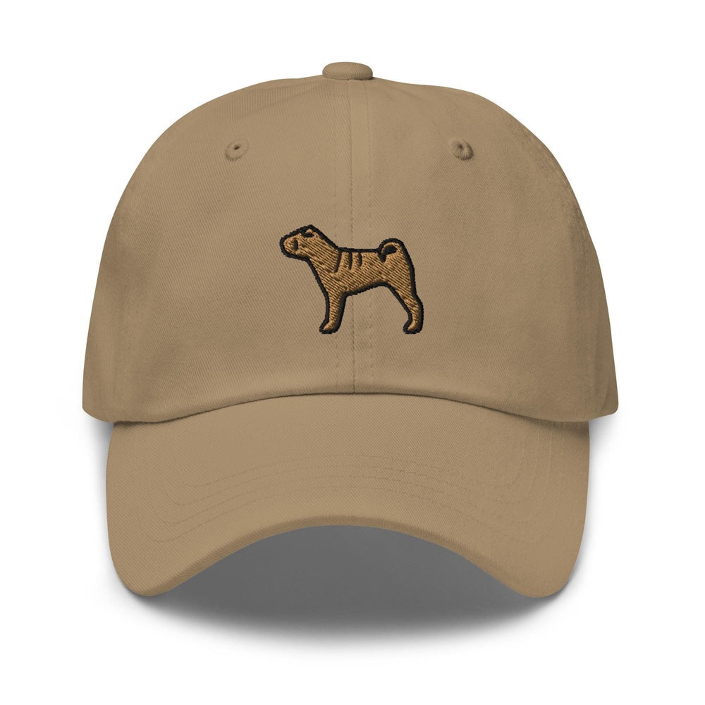 a tan hat with a dog embroidered on it