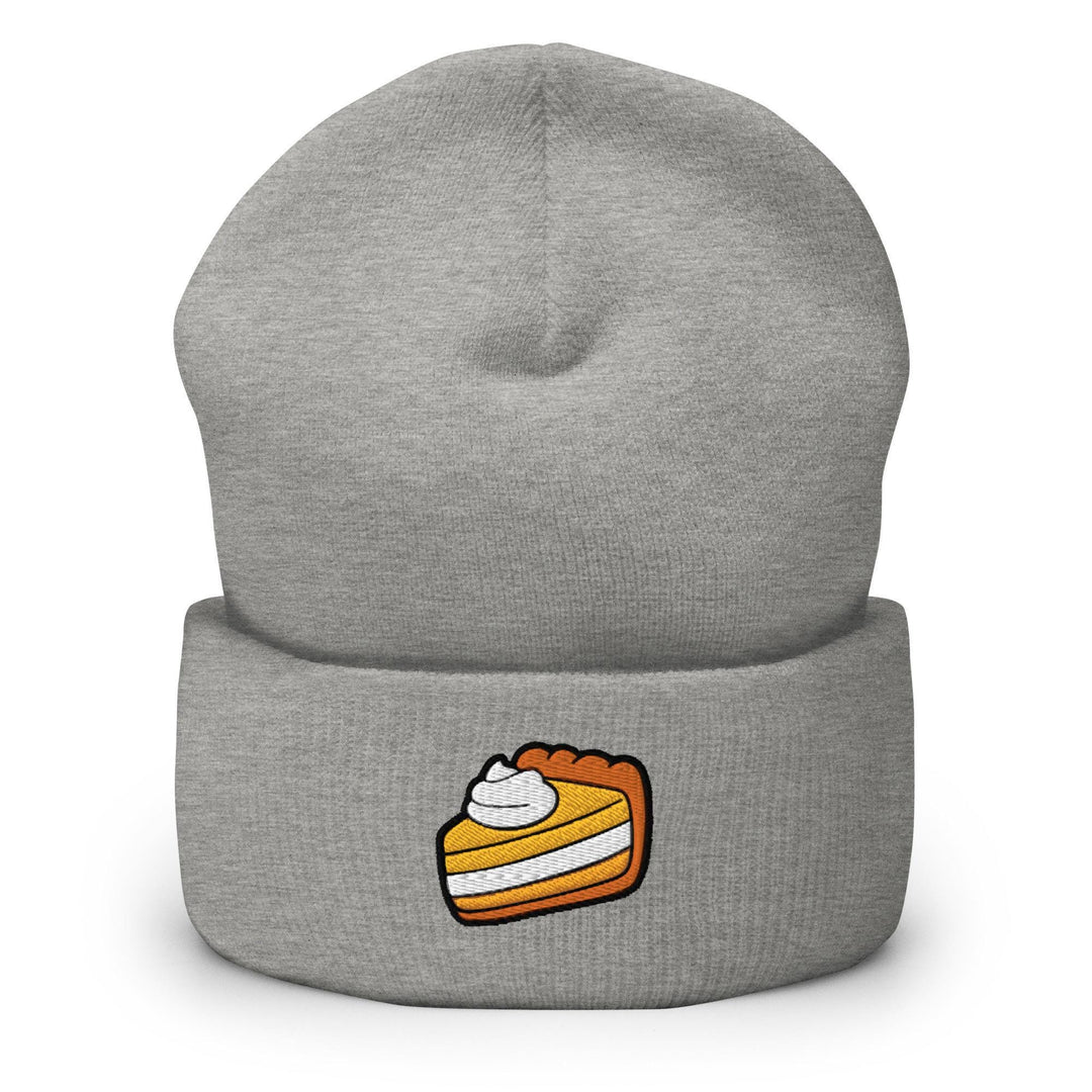 a grey beanie with a piece of cake on it