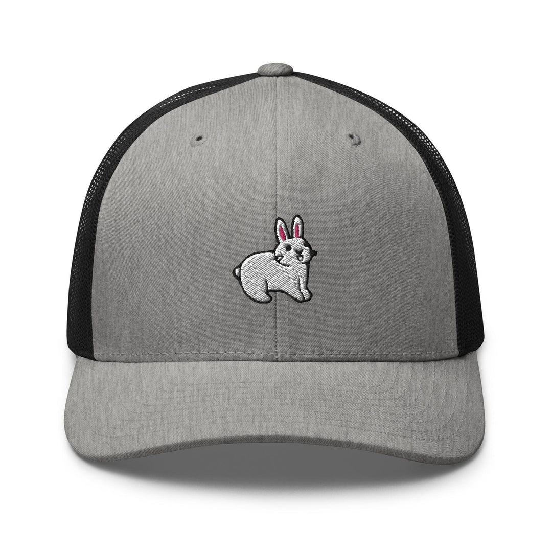 a gray and black hat with a rabbit embroidered on the front
