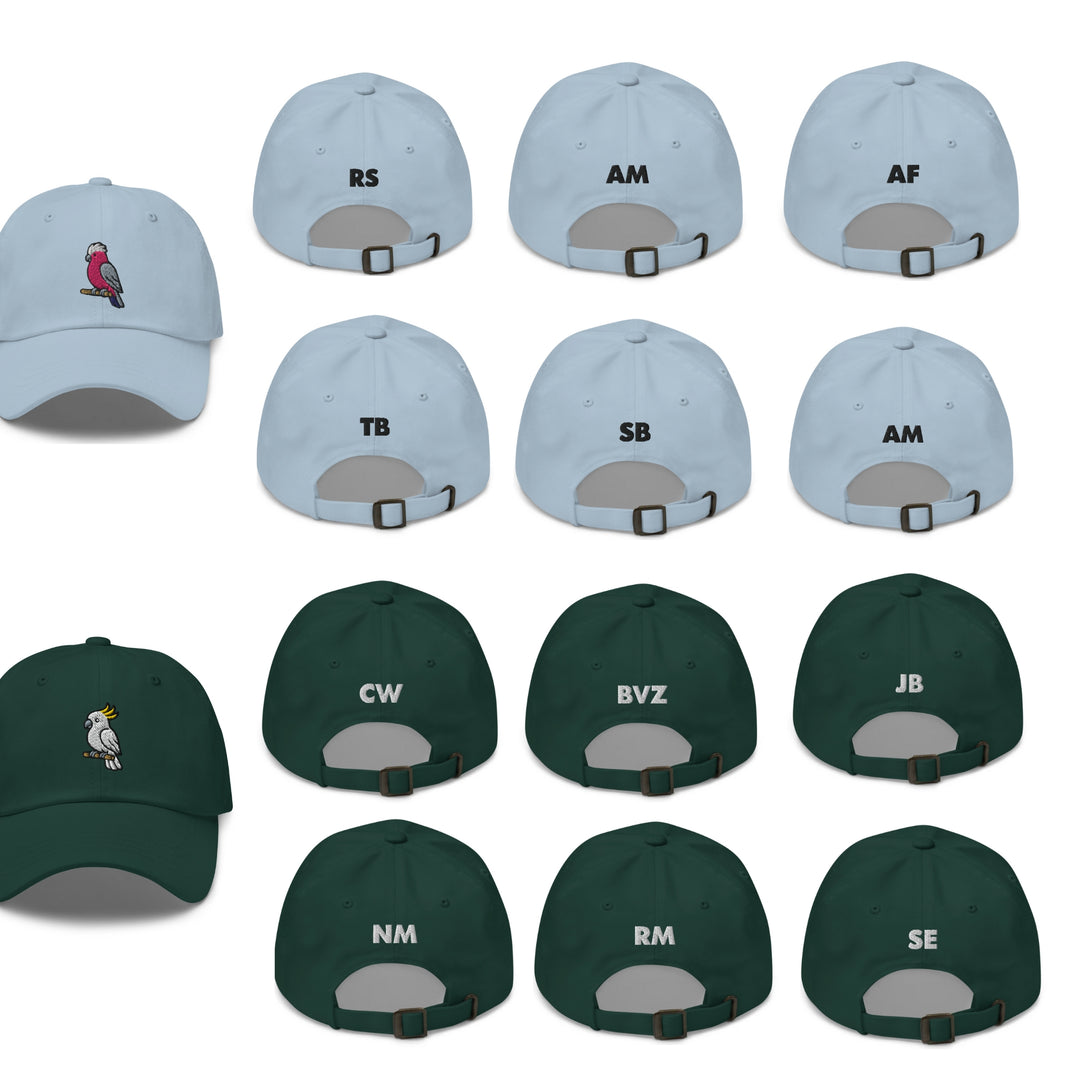 a group of nine hats with different logos