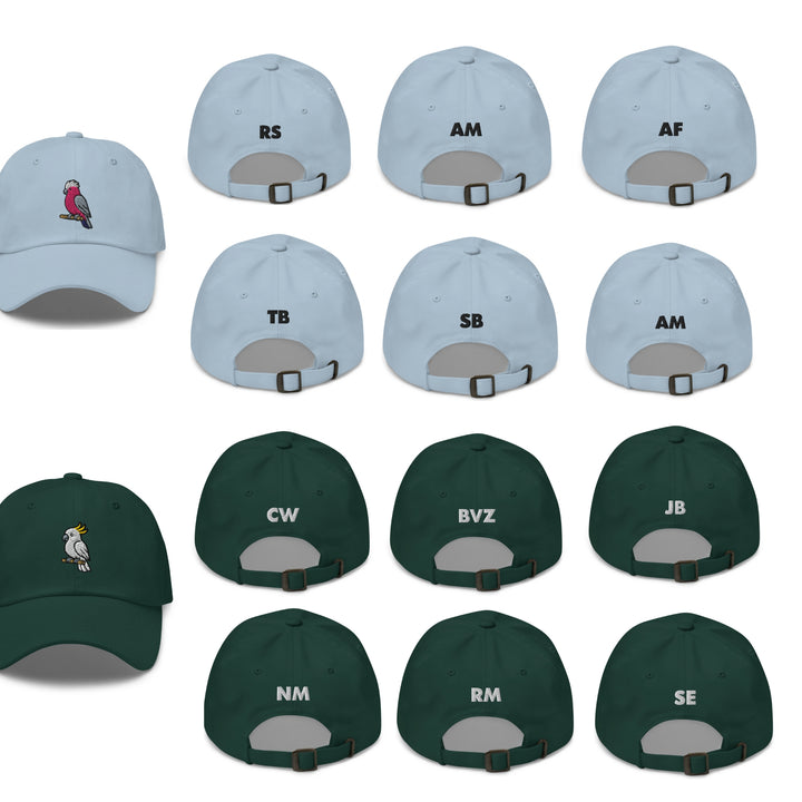 a group of nine hats with different logos