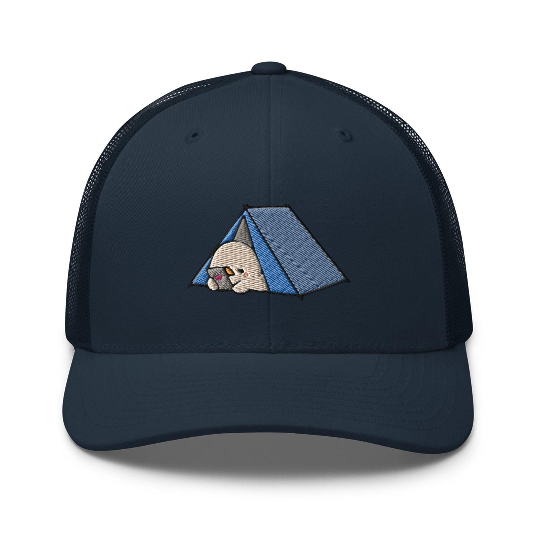 a blue trucker hat with a picture of a tent