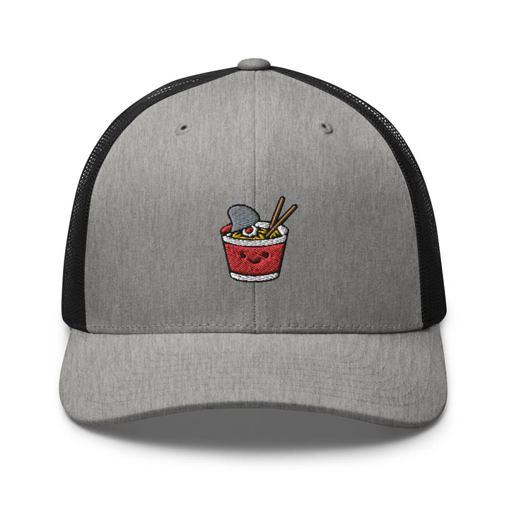 a gray and black hat with a picture of a bowl of food