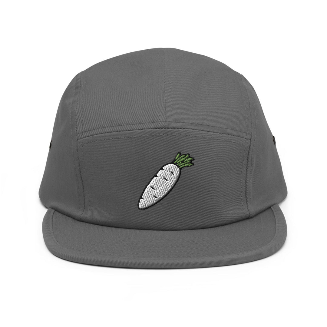 a grey hat with a carrot embroidered on it