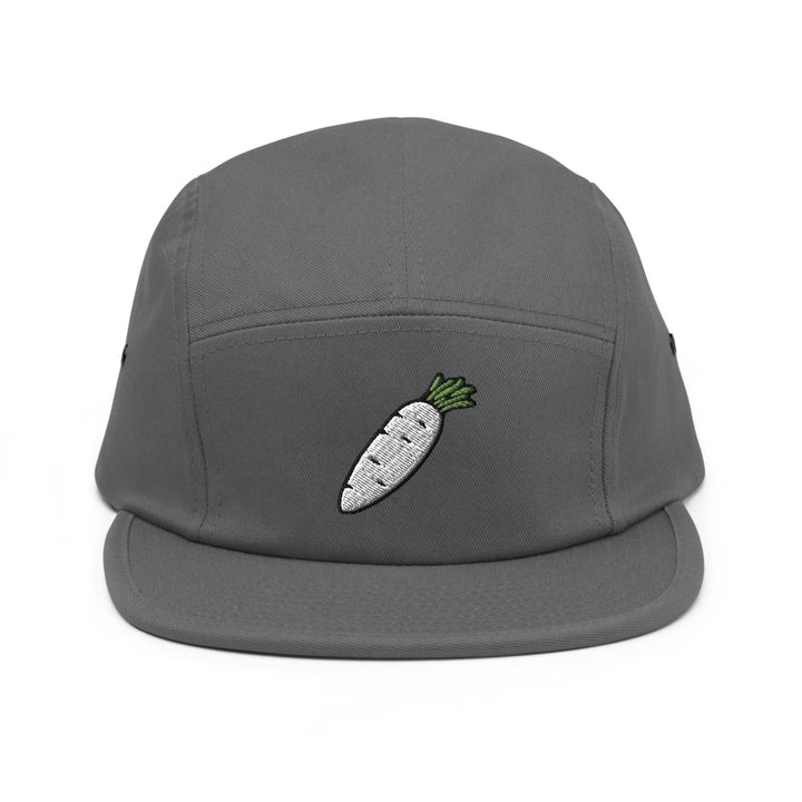 a grey hat with a carrot embroidered on it