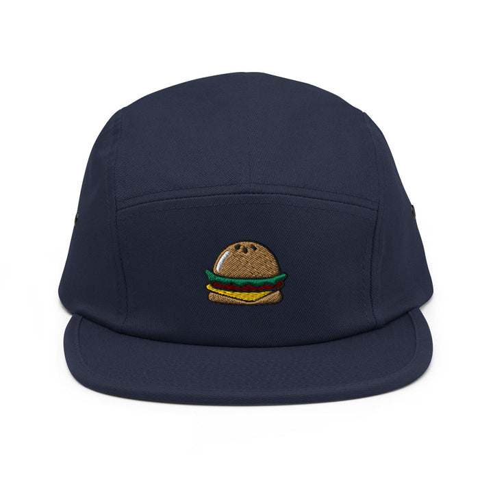 a blue hat with a hamburger embroidered on it
