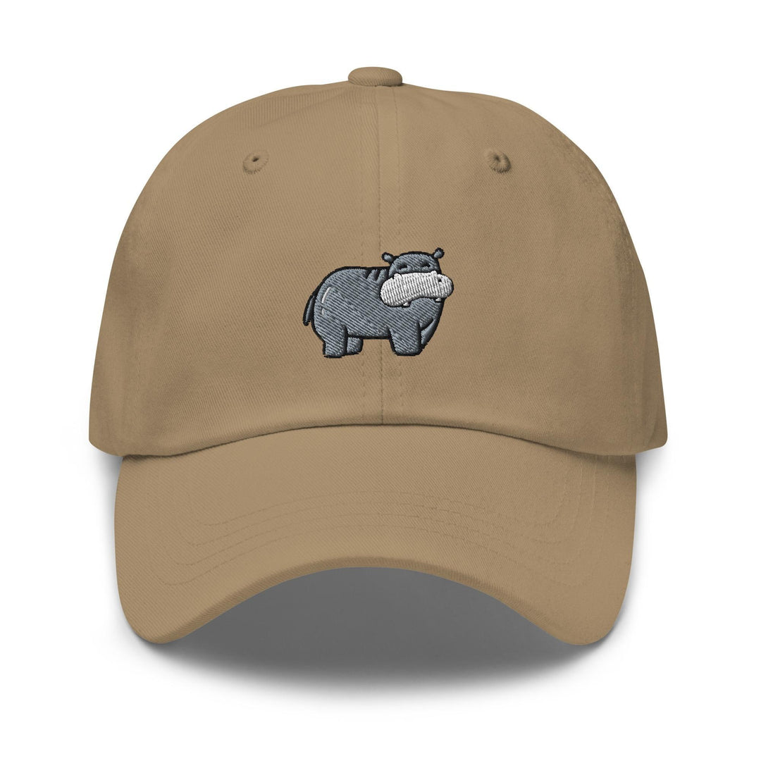 a tan hat with a rhino embroidered on it
