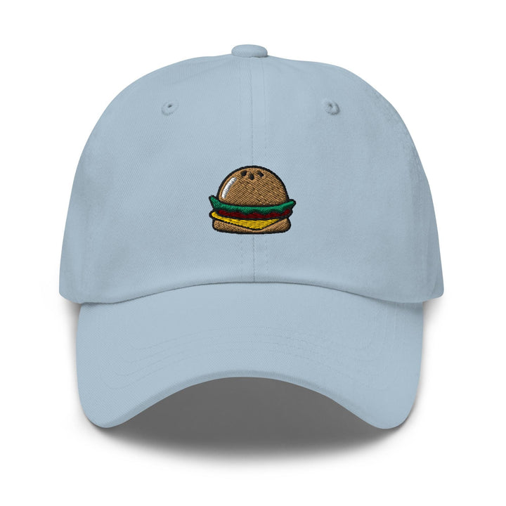 a light blue hat with a hamburger embroidered on it