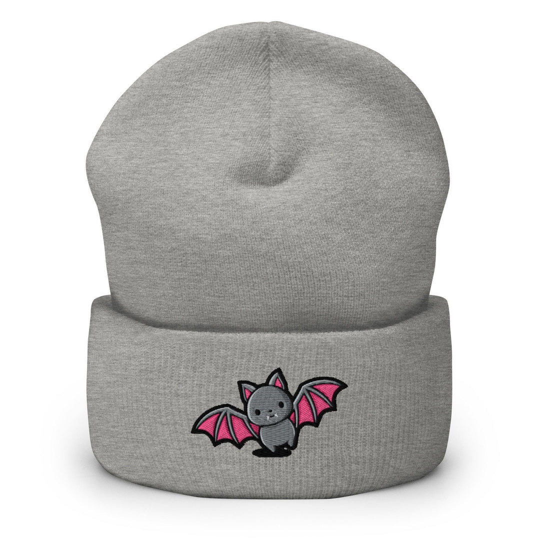 a grey beanie with a pink bat on it