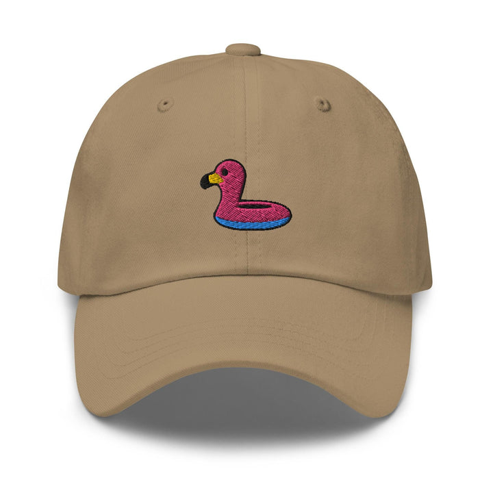 a tan hat with a pink flamingo embroidered on it