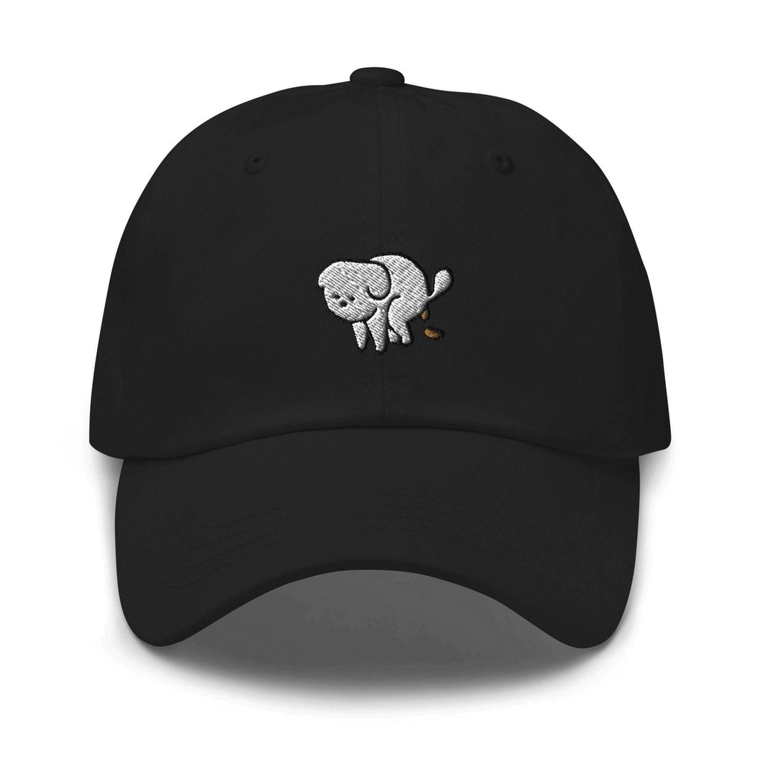 a black hat with a white dog on it