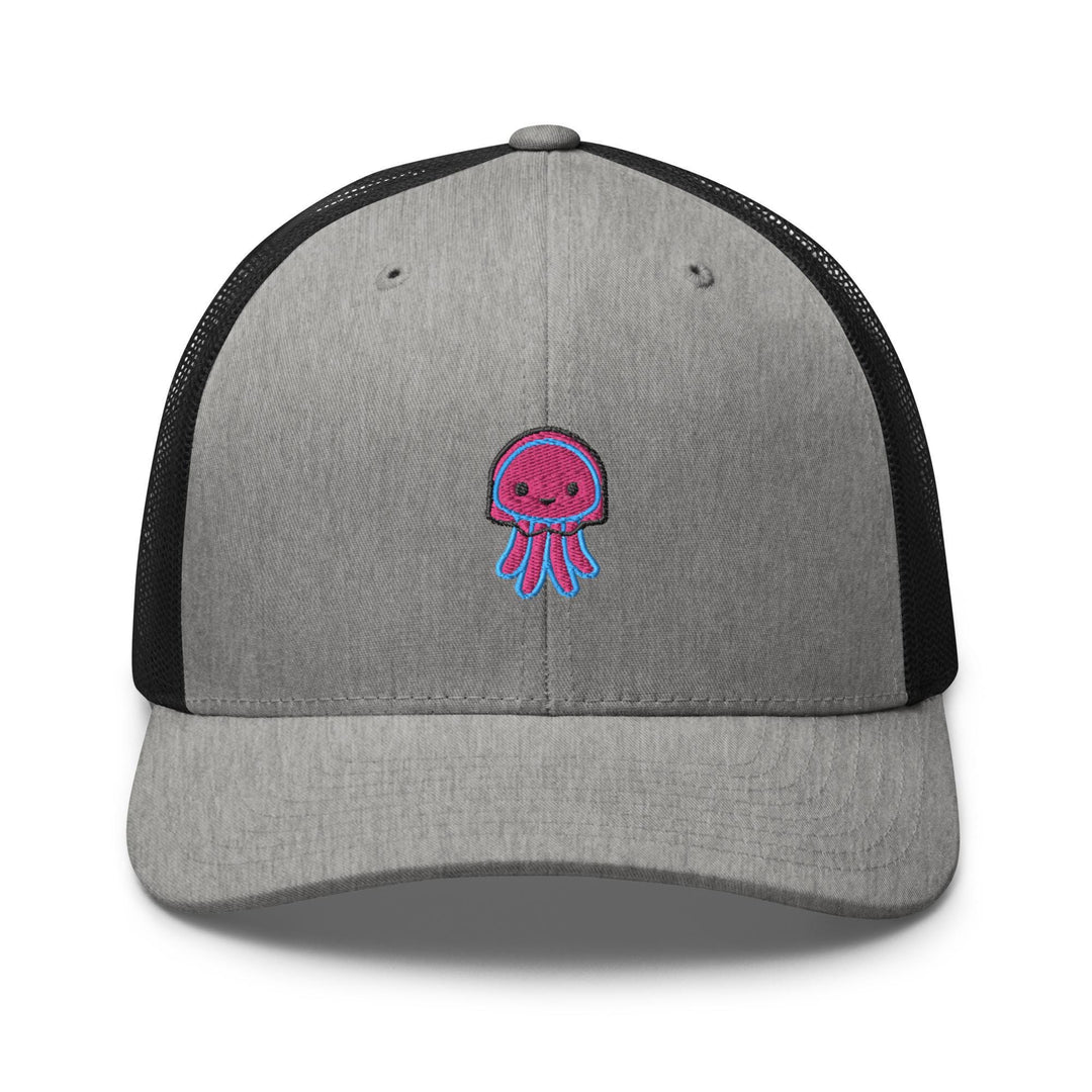 a gray and black trucker hat with a pink jellyfish embroidered on the front