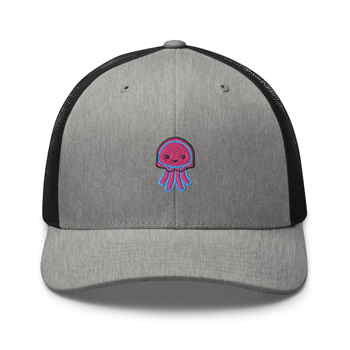 a gray and black trucker hat with a pink jellyfish embroidered on the front