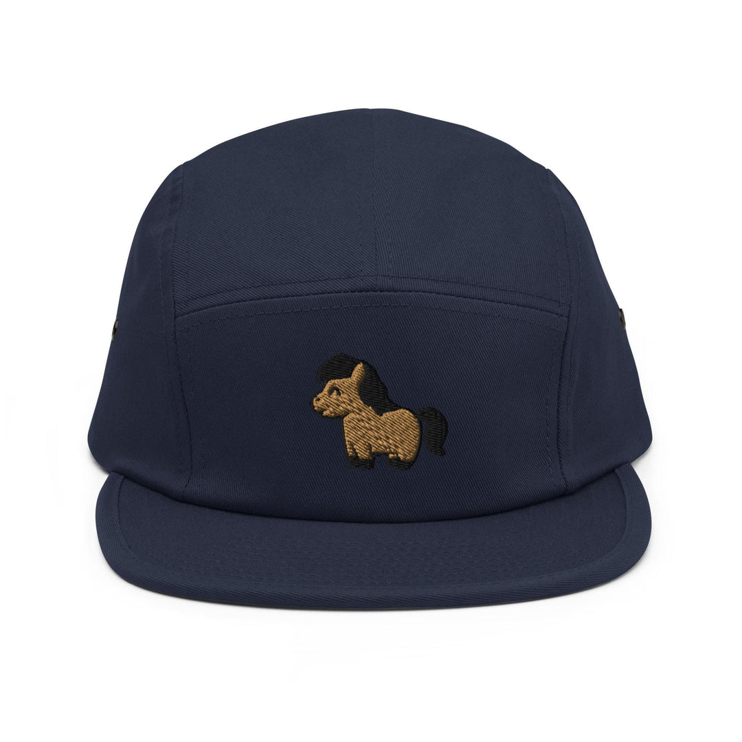 a blue hat with a horse embroidered on it