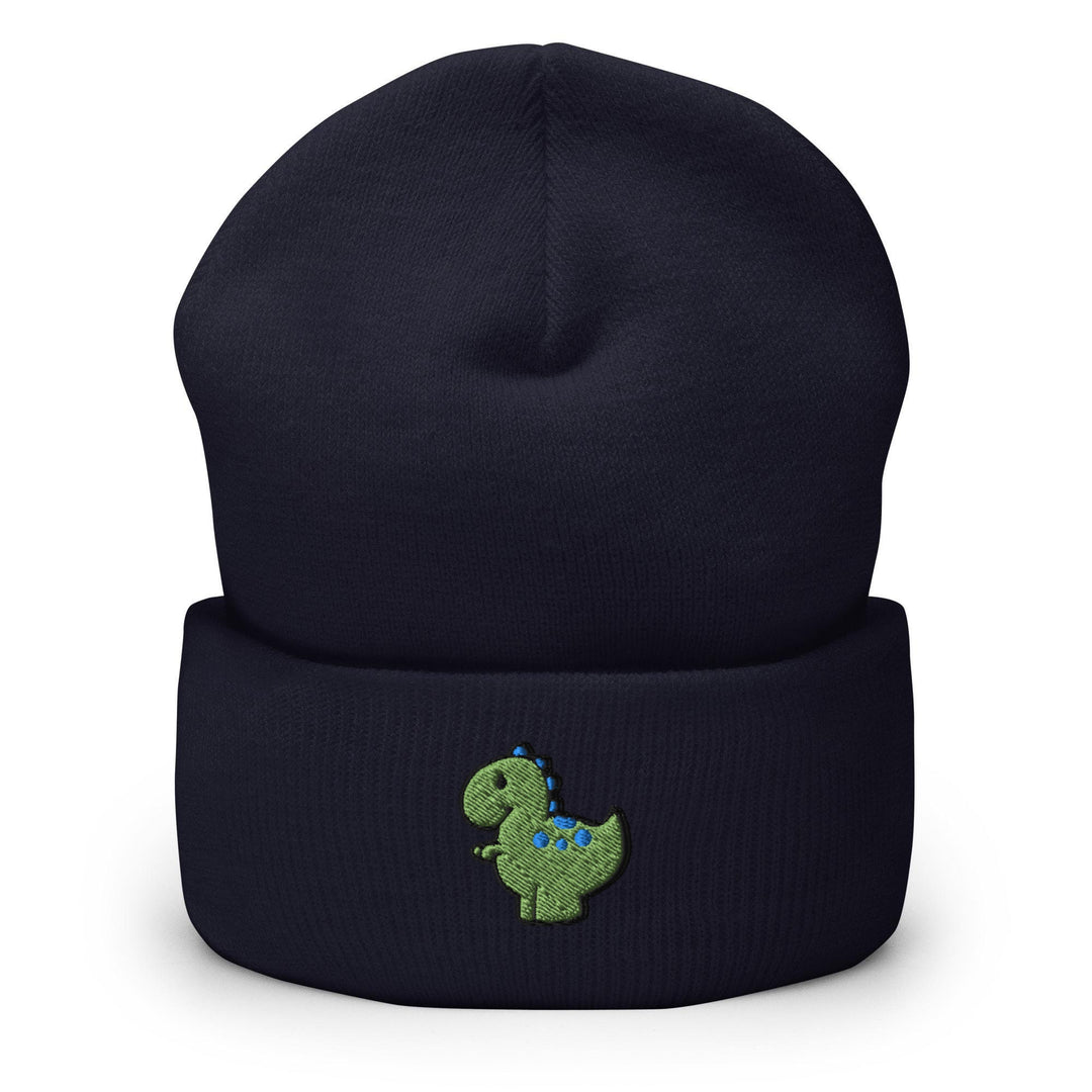 a blue beanie with a green dinosaur embroidered on it