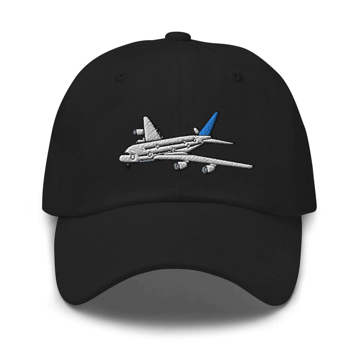 a black hat with an airplane embroidered on it