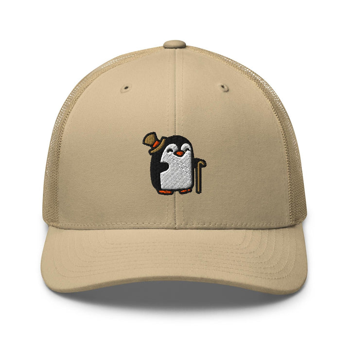 a tan hat with a penguin on it