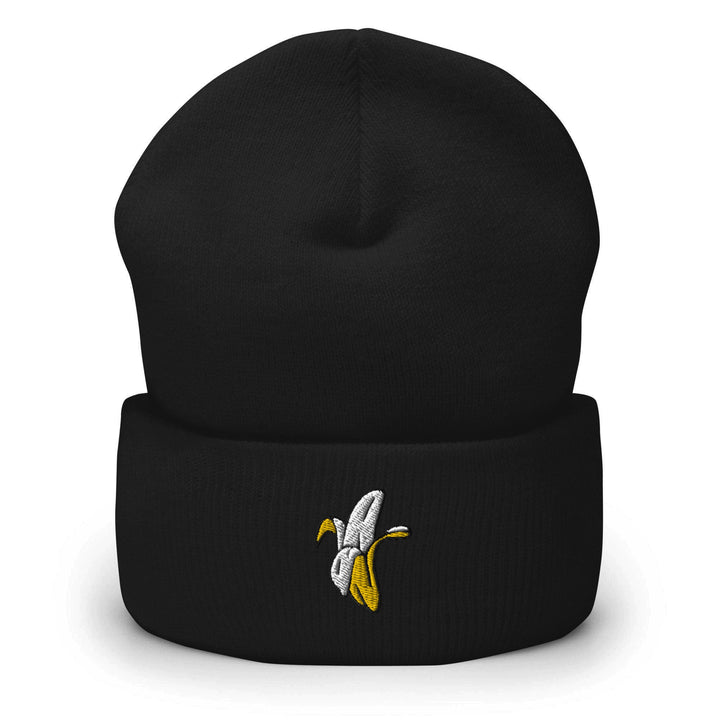 a black beanie with a banana embroidered on it