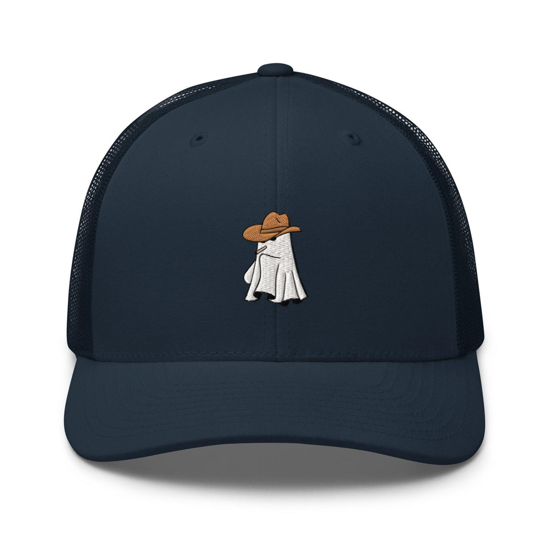a trucker hat with a picture of a person wearing a cowboy hat