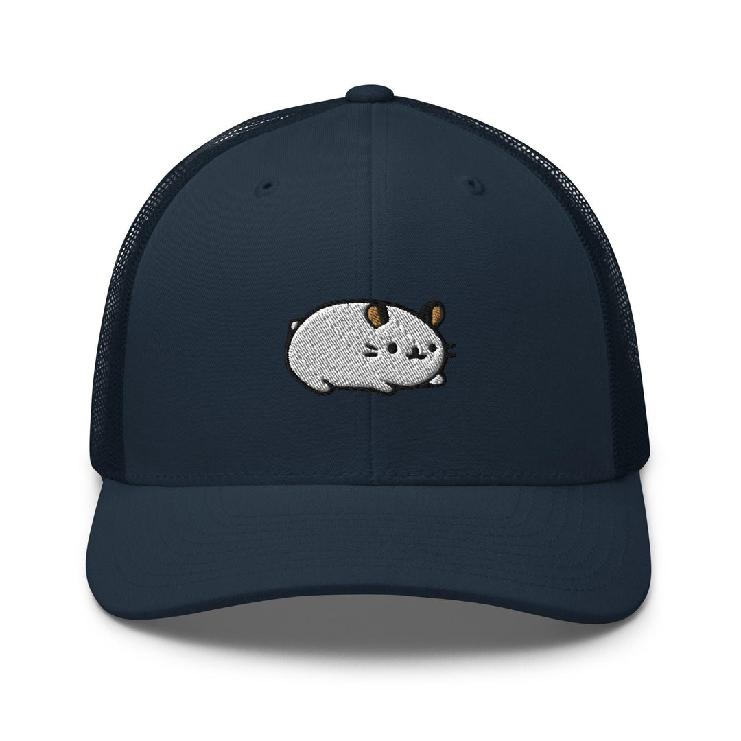 a blue trucker hat with a cartoon animal on it
