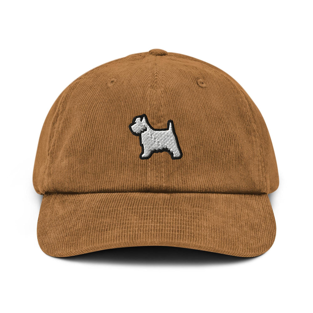 a brown hat with a dog embroidered on it
