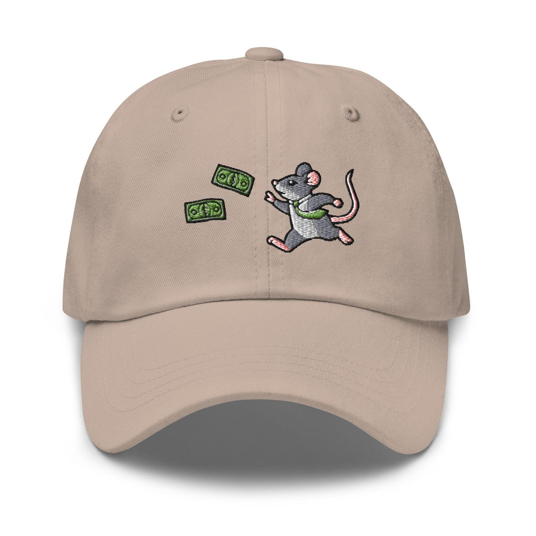 a beige hat with a cartoon mouse on it