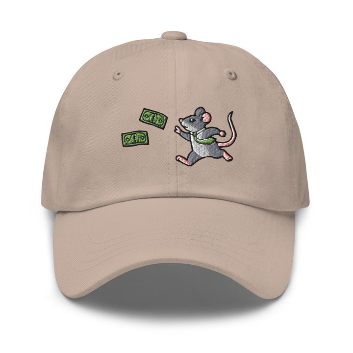 a beige hat with a cartoon mouse on it