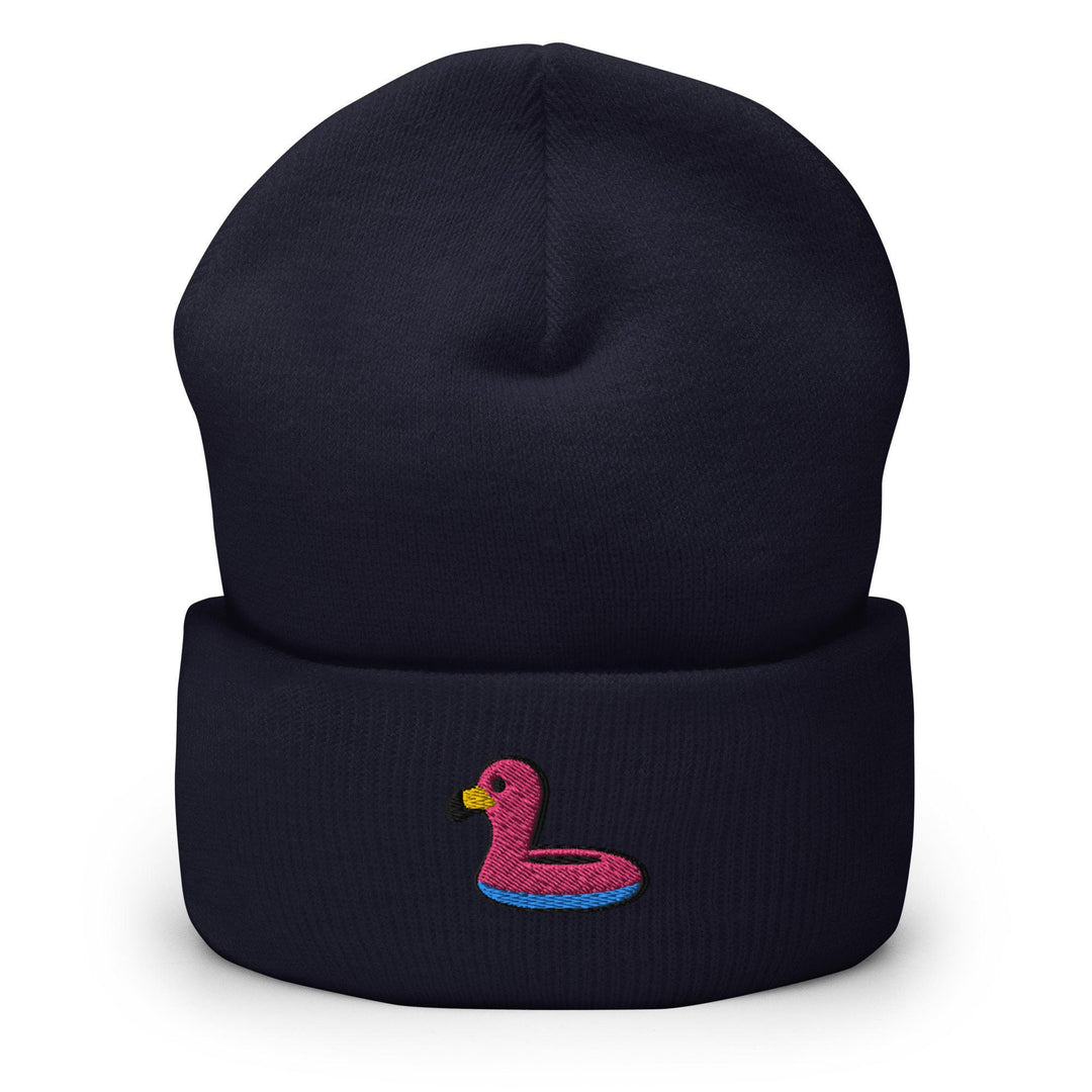a blue beanie with a pink flamingo embroidered on it