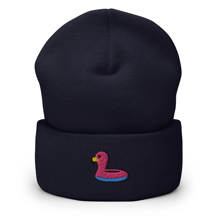 a blue beanie with a pink flamingo embroidered on it