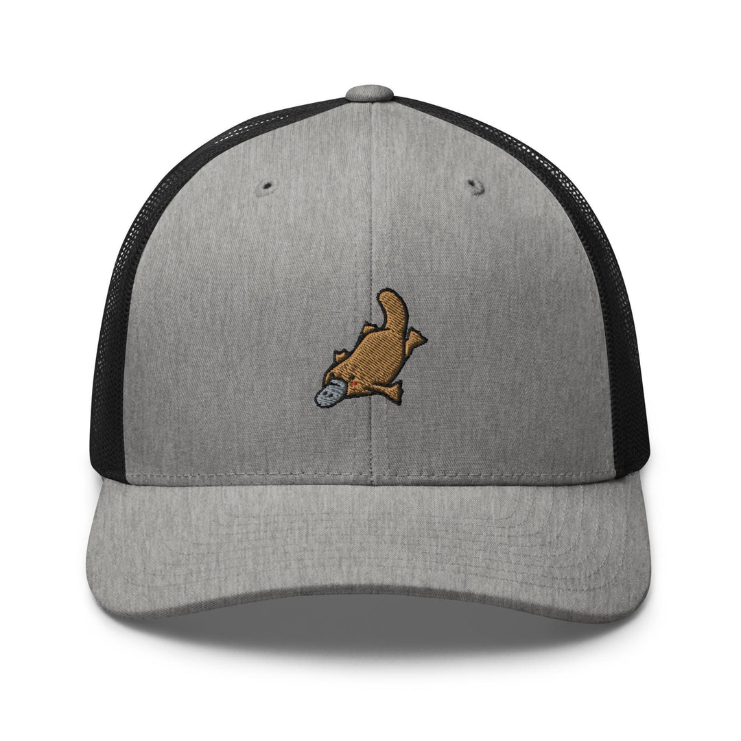 a gray and black trucker hat with a brown dog on it