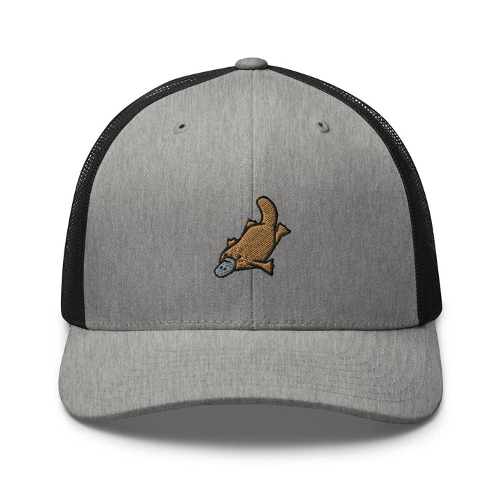 a gray and black trucker hat with a brown dog on it