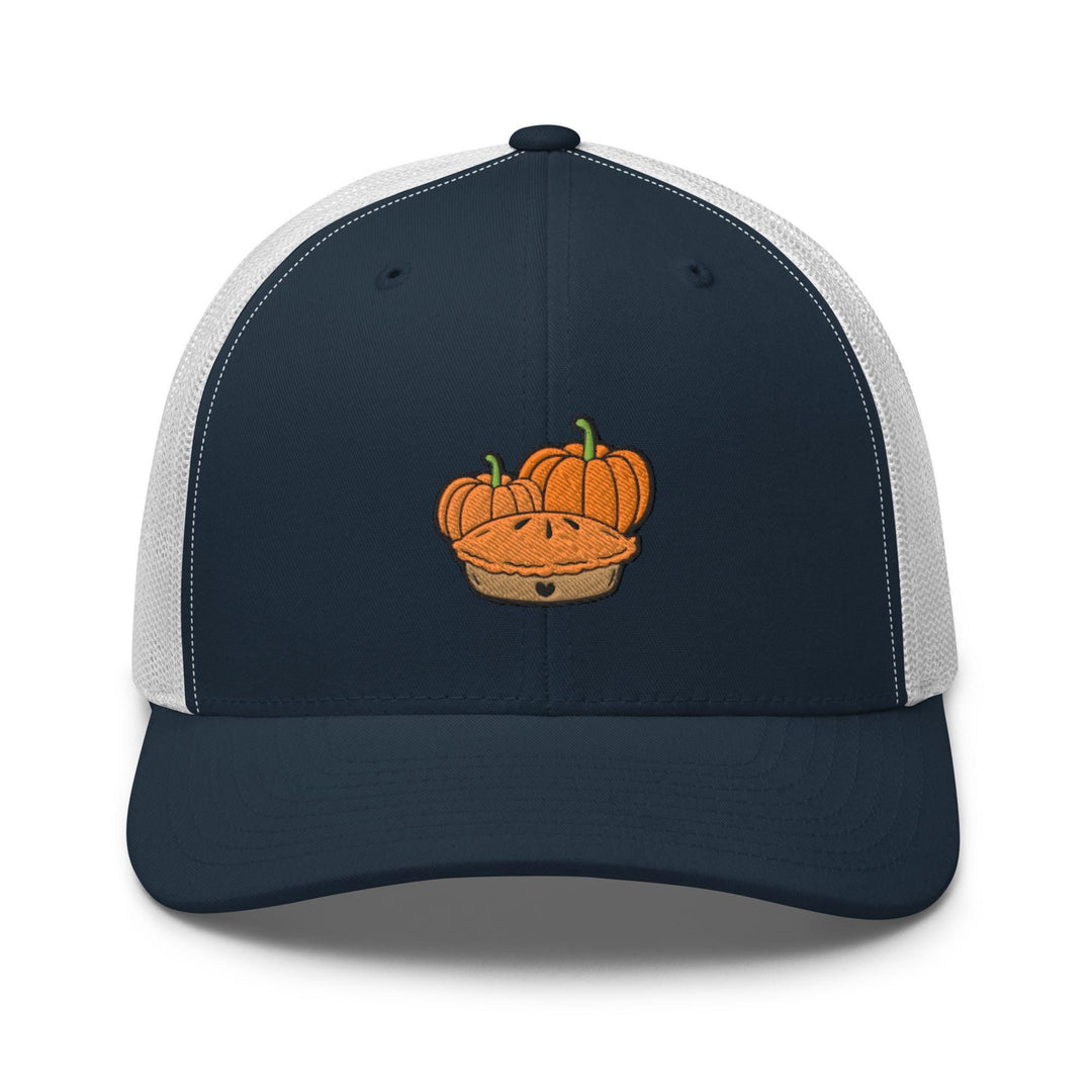 a trucker hat with a picture of a pumpkin in a basket