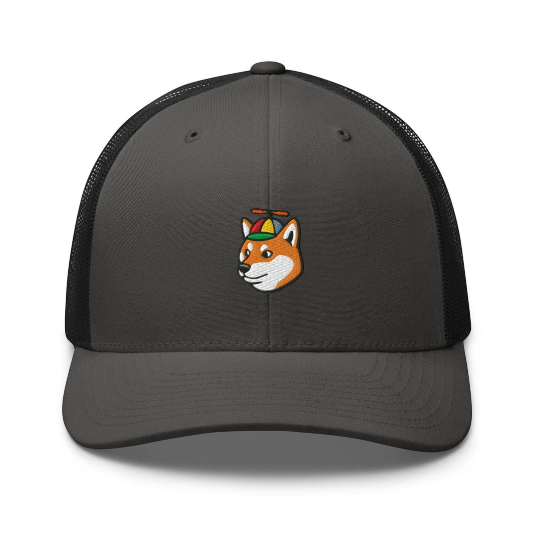 a gray and black hat with a red fox embroidered on the front