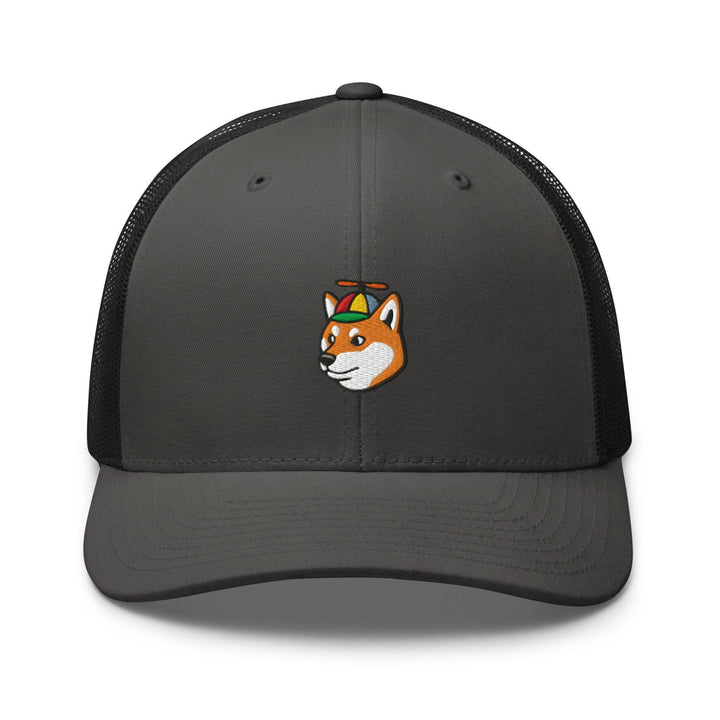 a gray and black hat with a red fox embroidered on the front