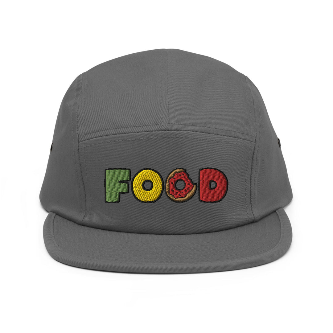 a grey hat with the word food embroidered on it